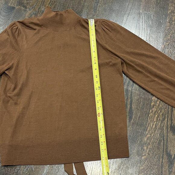J Crew Tie Neck Turtleneck Sweater Women’s Medium Brown Merino Wool Preppy - Picture 7 of 8